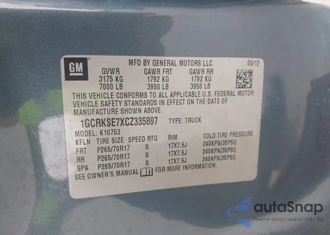 2012 Chevrolet Silverado 1500 Lt from USA, damaged, VIN 1GCRKSE7XCZ335897